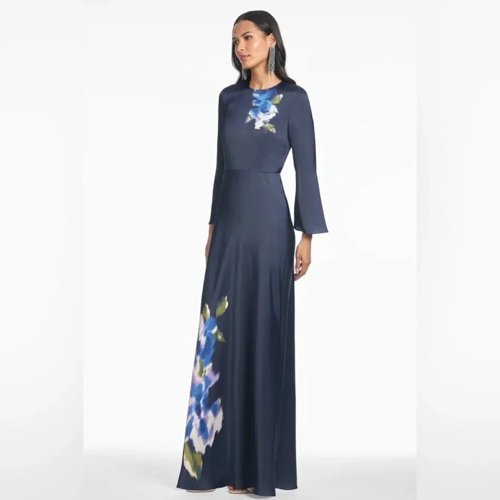 Sachin & Babi Alex Gown in Midnight Corsage Navy Blue Floral Satin Dress Size 14 - Picture 8 of 17